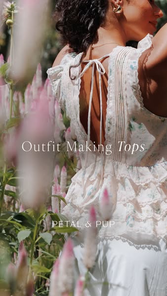 This ad features a model in a field of pink flowers showcasing a floral top from Petal & Pup. The headline highlight