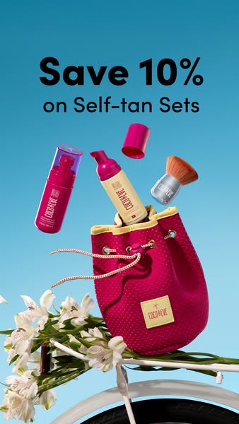 This image ad promotes Coco & Eve self-tan sets with a 10% discount. The ad features a pink drawstring bag with self
