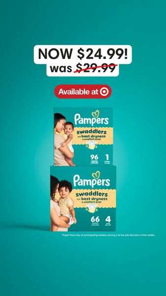 This image ad promotes a limited-time offer for Pampers Swaddlers diapers, available at Target. The ad features a clear 