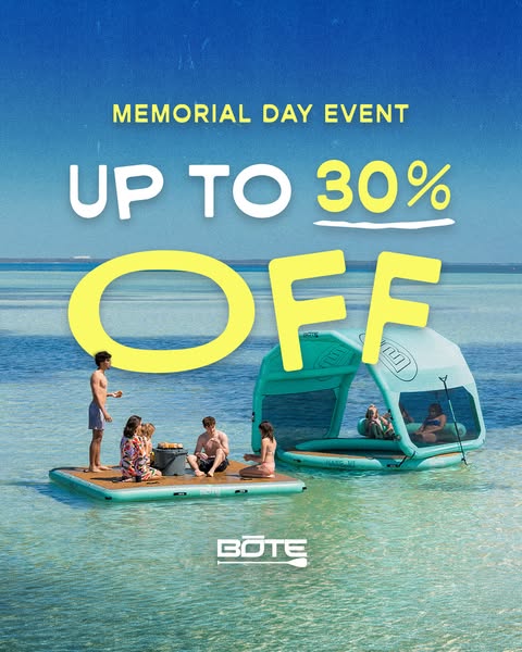An image ad shows a group of people enjoying Bote inflatable docks and platforms in a tropical setting, promoting a Memo