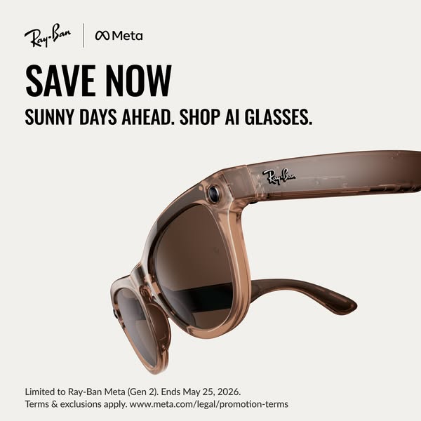 An advertisement for Ray-Ban Meta AI glasses promotes a limited-time offer with a call to action to shop.