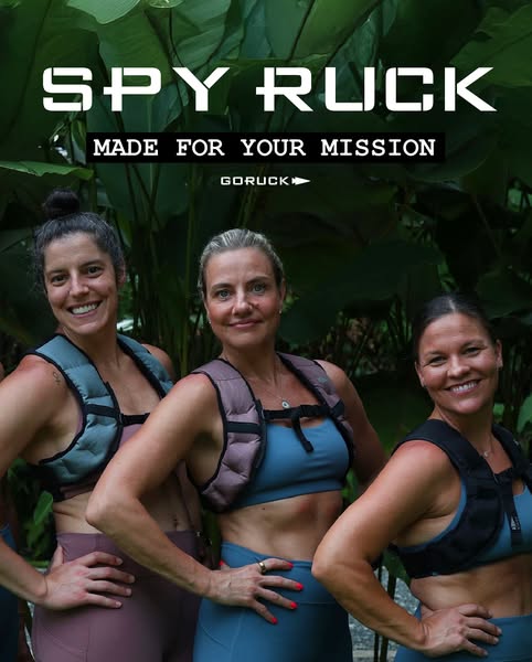 This image ad showcases three women outdoors wearing weighted vests for exercise. The vests are presented as part of the