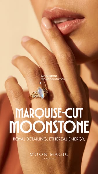 This Moon Magic Jewelry image ad focuses on the features of their marquise-cut moonstone ring. The ring is shown on a ha