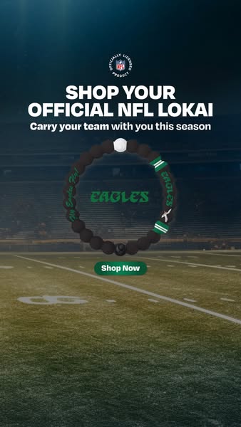 This ad promotes the official NFL Lokai bracelet for the Philadelphia Eagles. The bracelet is shown floating above a foo