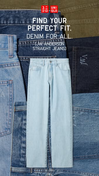This ad for UNIQLO showcases their denim line, highlighting the perfect fit for all, with a focus on the JW Anderson str