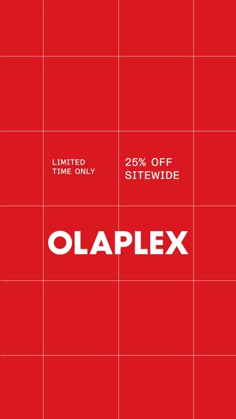 This image ad promotes Olaplex products with a limited-time offer of 25% off sitewide, set against a vibrant red backgro