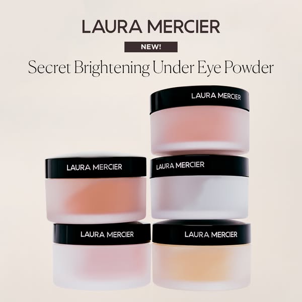 This image ad showcases Laura Mercier's Secret Brightening Under Eye Powder. The ad features a stack of six powder c