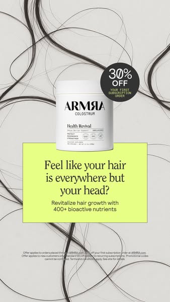 This ad promotes ARMAA Colostrum Health Revival for hair growth. It features a product shot with a discount offer and em