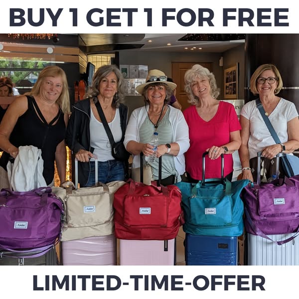 This image ad promotes foldable travel bags with a buy-one-get-one-free offer. The ad features a group of women standing