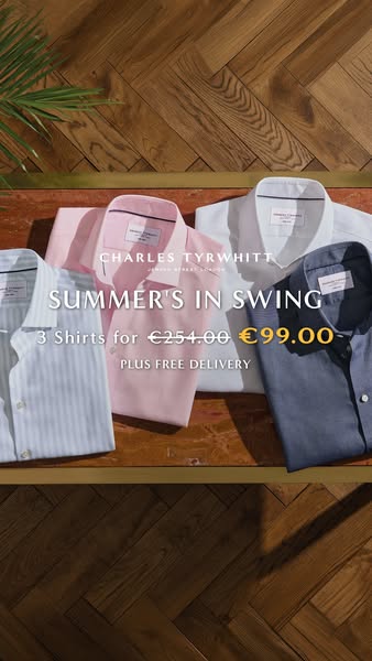 This image ad features the brand Charles Tyrwhitt and an offer of 3 shirts for €99.00 plus free delivery.