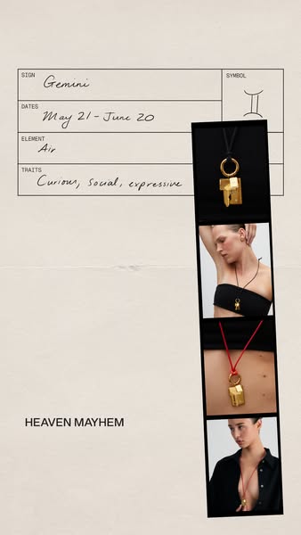 This ad for Heaven Mayhem promotes a golden necklace. The ad uses a collage effect to display the product and a document