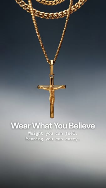 This ad showcases a gold cross pendant necklace. The ad focuses on the weight and meaning of the necklace.