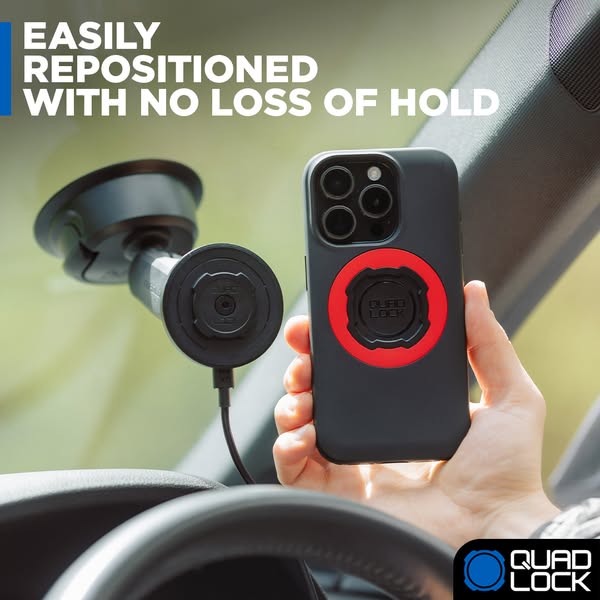 This ad showcases the Quad Lock phone mount, emphasizing its repositioning capability without losing its hold. The ad fe
