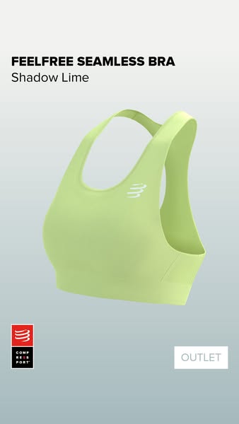 This ad features a product display of a 'Shadow Lime' sports bra, highlighting its seamless design and availabil