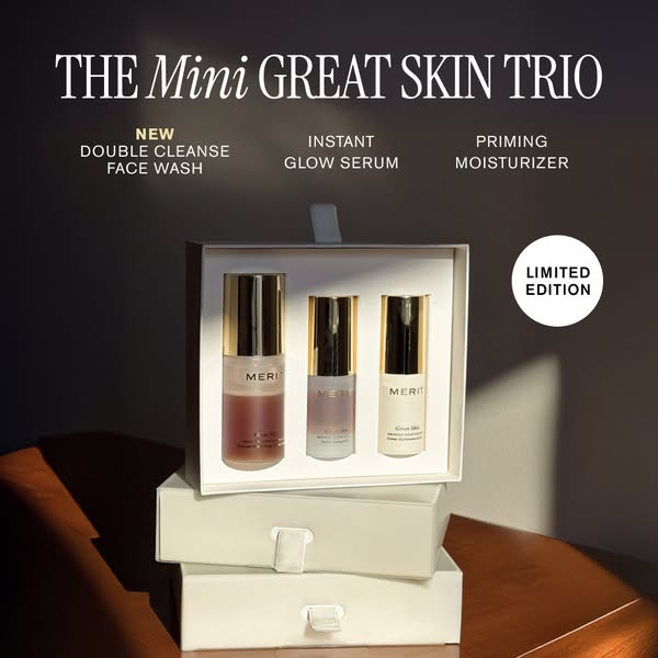 This ad showcases a curated trio of skincare products from Merit, emphasizing a simplified routine for achieving 'gr