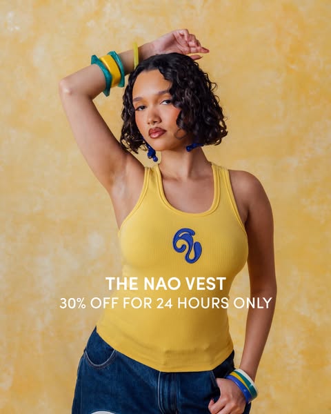 This is a promotional image ad for the Nao Vest. It features a model wearing the vest and colorful jewelry. The ad promo