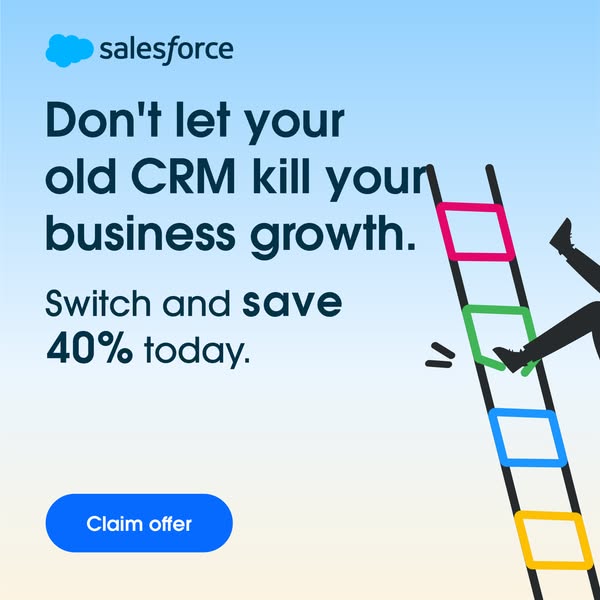 Ad highlighting how the Salesforce CRM platform can help businesses avoid the risks of using an outdated CRM. The ad att