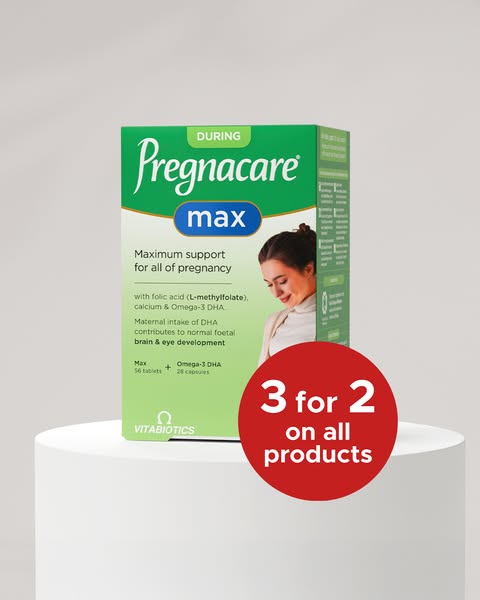This image ad features the Pregnacare Max supplement box atop a white plinth, set against a neutral background. A red ci