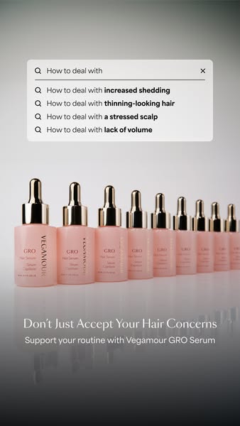 This image ad for Vegamour GRO Serum uses a Google search bar simulation to call out hair concerns, then introduces Vega