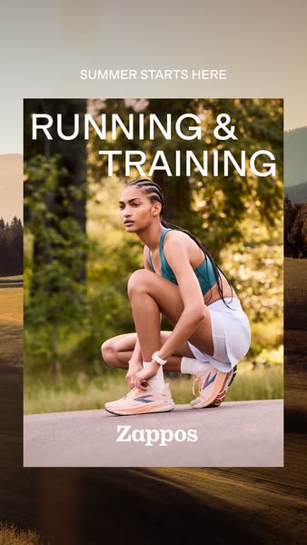 An image ad promoting Brooks running shoes from Zappos, showcasing a runner tying her shoe in a natural outdoor setting.