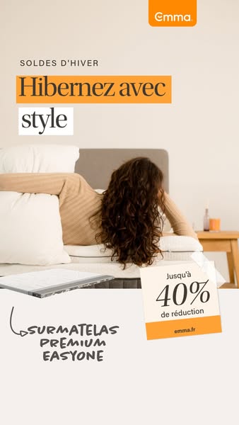 This ad promotes Emma's premium easyone mattress topper with a winter sale of up to 40% off. The ad features a woman