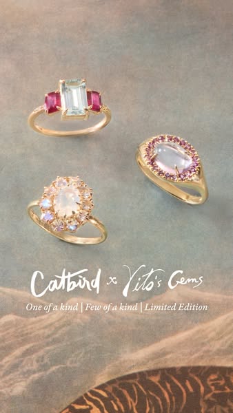 An image ad featuring three different Catbird x Vito's Gems rings.