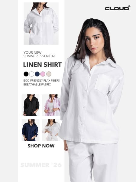 This ad showcases a linen shirt. The ad highlights the shirt in different colors and emphasizes its eco-friendly and bre