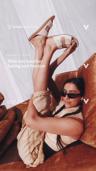 This ad showcases a woman lying on a couch holding up her legs to display the SENSU x TIN slides. The ad copy highlights