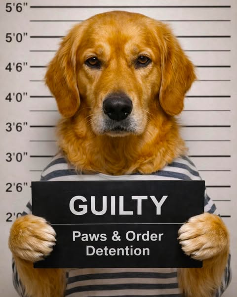 The image shows a golden retriever appearing in a police line up. The dog is wearing a striped shirt and holding a sign 