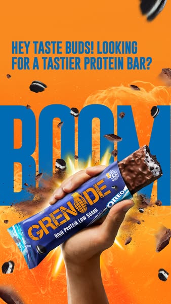 This image ad for Grenade Oreo protein bars presents a high-energy, visually explosive aesthetic. It features an arm hol