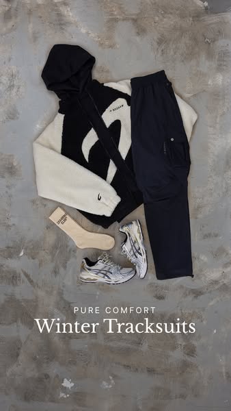 This ad features a flatlay of a winter tracksuit set, including a hoodie, pants, socks, and sneakers. The ad aims to pro