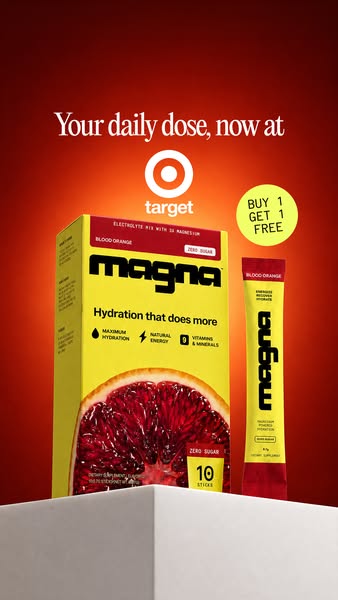 This image ad for Magna promotes its blood orange flavored electrolyte mix at Target. The ad features a box of the produ