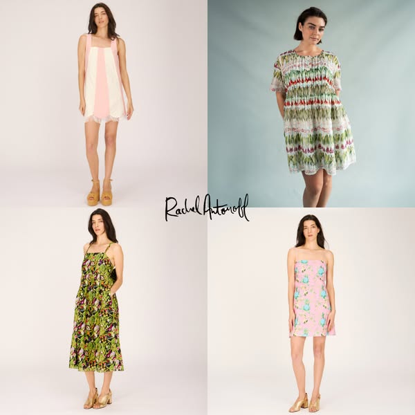 This ad features a grid of four women wearing different dresses by Rachel Antonoff, with the Rachel Antonoff logo in the