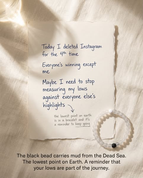 This ad highlights a bracelet, emphasizing its connection to the Dead Sea mud within the black bead and framing it as a 