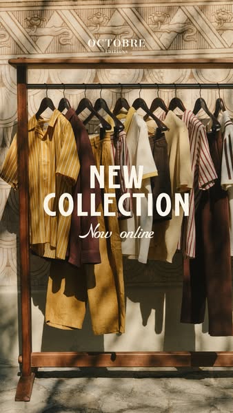 This ad showcases a new clothing collection by Octobre Editions through a minimalist presentation.