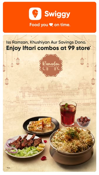 This ad for Swiggy promotes Iftari combo meals for the Ramzan holiday. The ad depicts an appetizing meal with a variety 