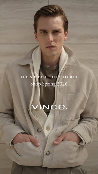 This image ad showcases a male model wearing a suede utility jacket from Vince's Spring 2026 collection.