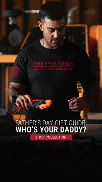 This image ad promotes a collection of tools as a Father's Day gift guide. The ad features a man wearing a t-shirt t