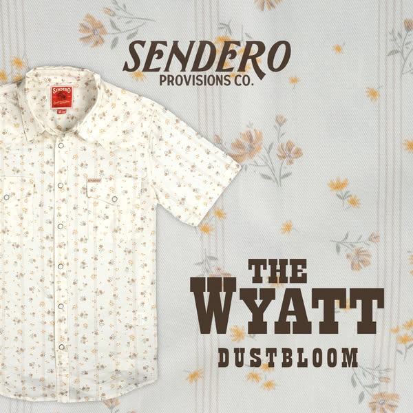 This image ad showcases the Wyatt Dustbloom short-sleeve shirt from Sendero Provisions Co.
