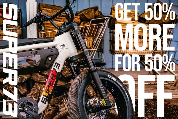 This image ad for SUPER73 electric bikes features an offer of 50% more for 50% off, with a focus on the product itself.
