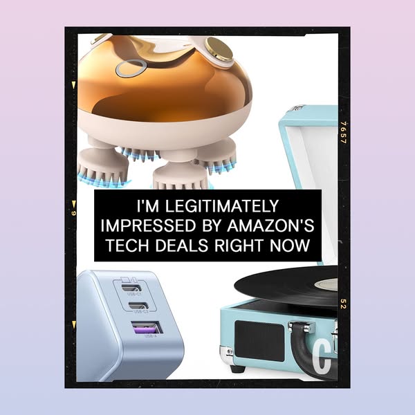 This ad showcases Amazon's tech deals with a visually engaging image of different tech items and a testimonial quote