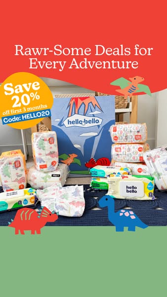 This ad for Hello Bello features an array of their products with a discount code for 20% off the first 3 months. The ad 