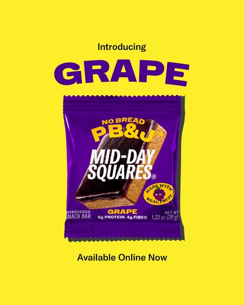 This ad promotes the grape flavor of PB&J Mid-Day Squares, a no bread refrigerated snack bar.