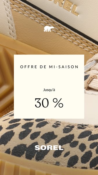 Close up image of a Sorel shoe with a text block highlighting an offer of up to 30% off for a mid-season sale.
