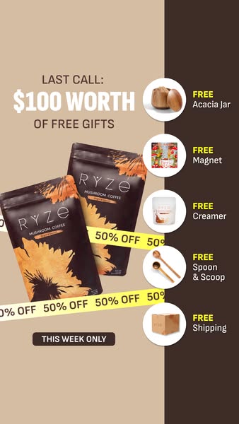 This ad features a promotion from Ryze Mushroom Coffee offering free gifts with a purchase along with a 50% off deal and
