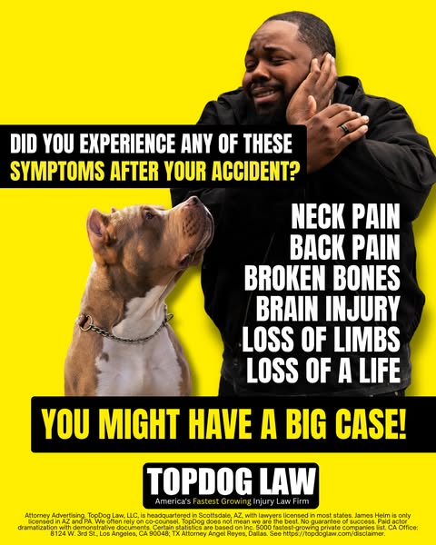 The ad features a man who appears to be in pain along with a pitbull. The ad asks, "Did you experience any of these