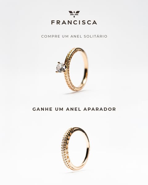 This ad showcases two rose gold rings from Francisca, encouraging viewers to buy a solitaire ring and receive a matching