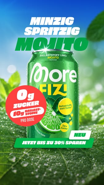 This ad features an image of a can of "More FIZ!" mojito flavored drink. The ad highlights the drink's low
