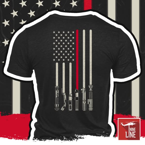 This image ad features a heather black t-shirt with a design on the back, set against a backdrop resembling the American