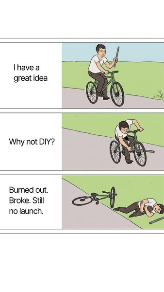 This ad is in the style of a 3-panel comic strip. In the first panel, a man is riding a bike along a sidewalk, thinking 